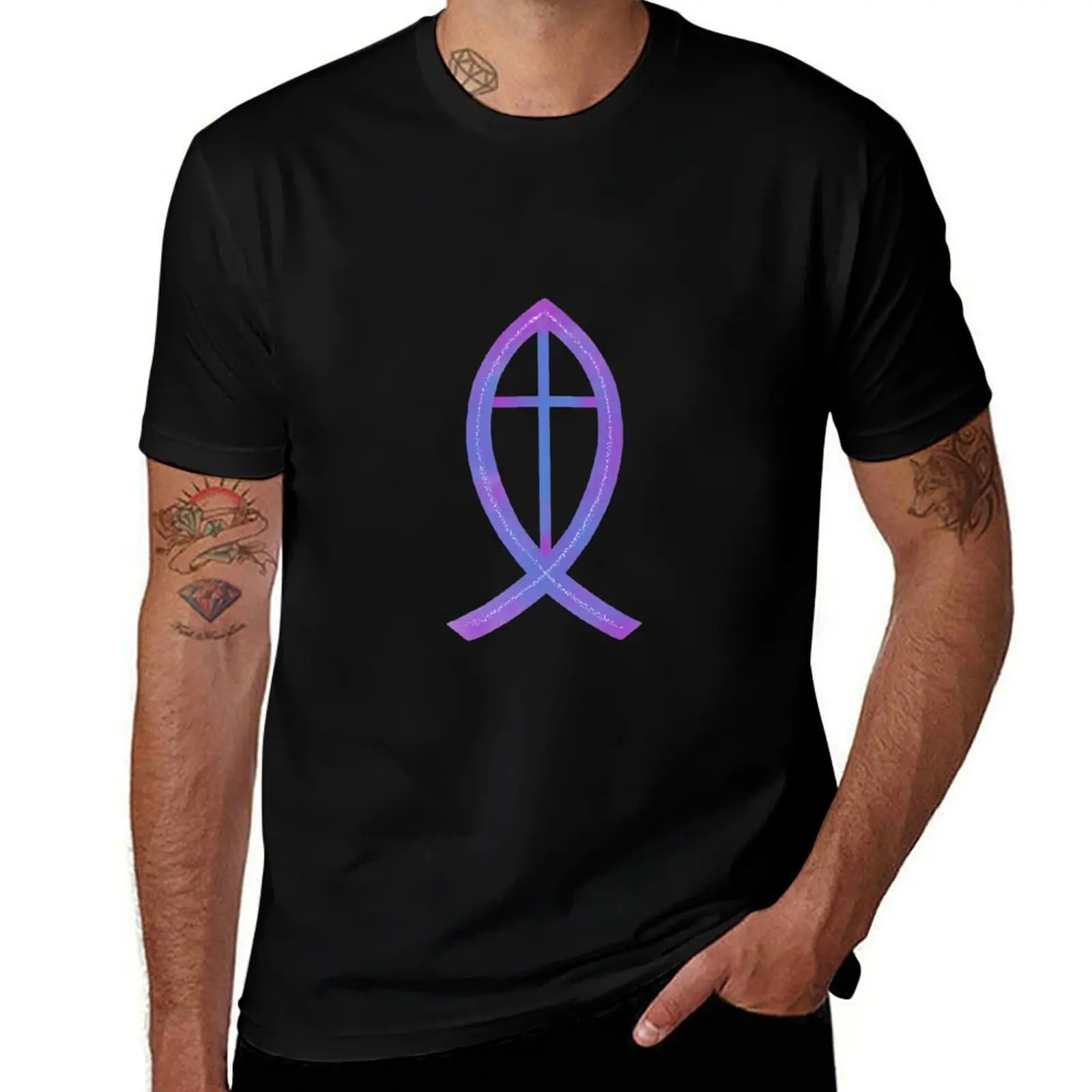 Ichthus Christian Fish with Cross Purple-Blue T-Shirt aesthetic clothes sweat oversized mens graphic t-shirts