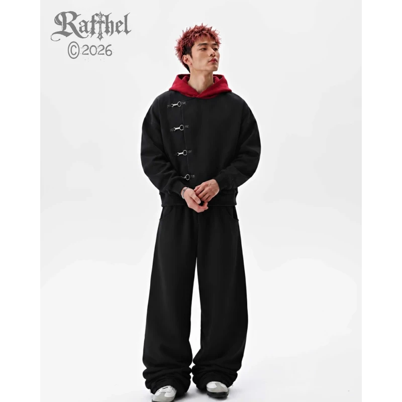 Dark niche color blocked hooded sweatshirt with slanted metal buttons, irregular placket, loose shoulder sweatshirt