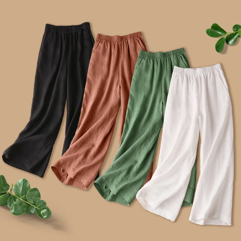 

Fashion Full Length Casual Pants for Women Cotton Linen Wide Leg Pants Solid Summer Pants Female Loose High Waist Straight Trous