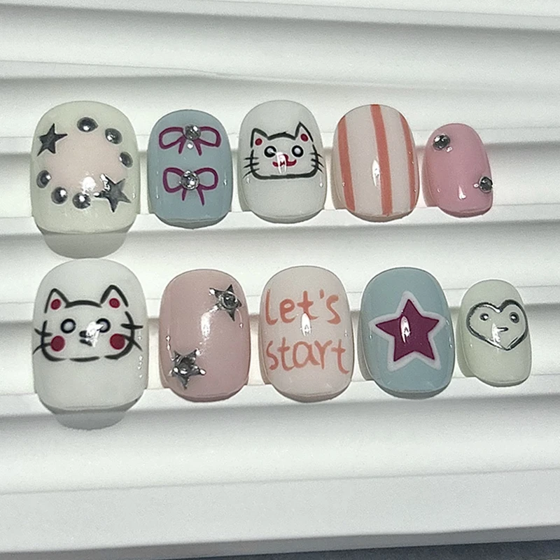 النجمي يتصادم الألوان لطيف نمط اضغط على الأظافر اليدوية الكتابة على الجدران هريرة القوس قصيرة الأظافر وهمية بقع ملصقات الأظافر #3