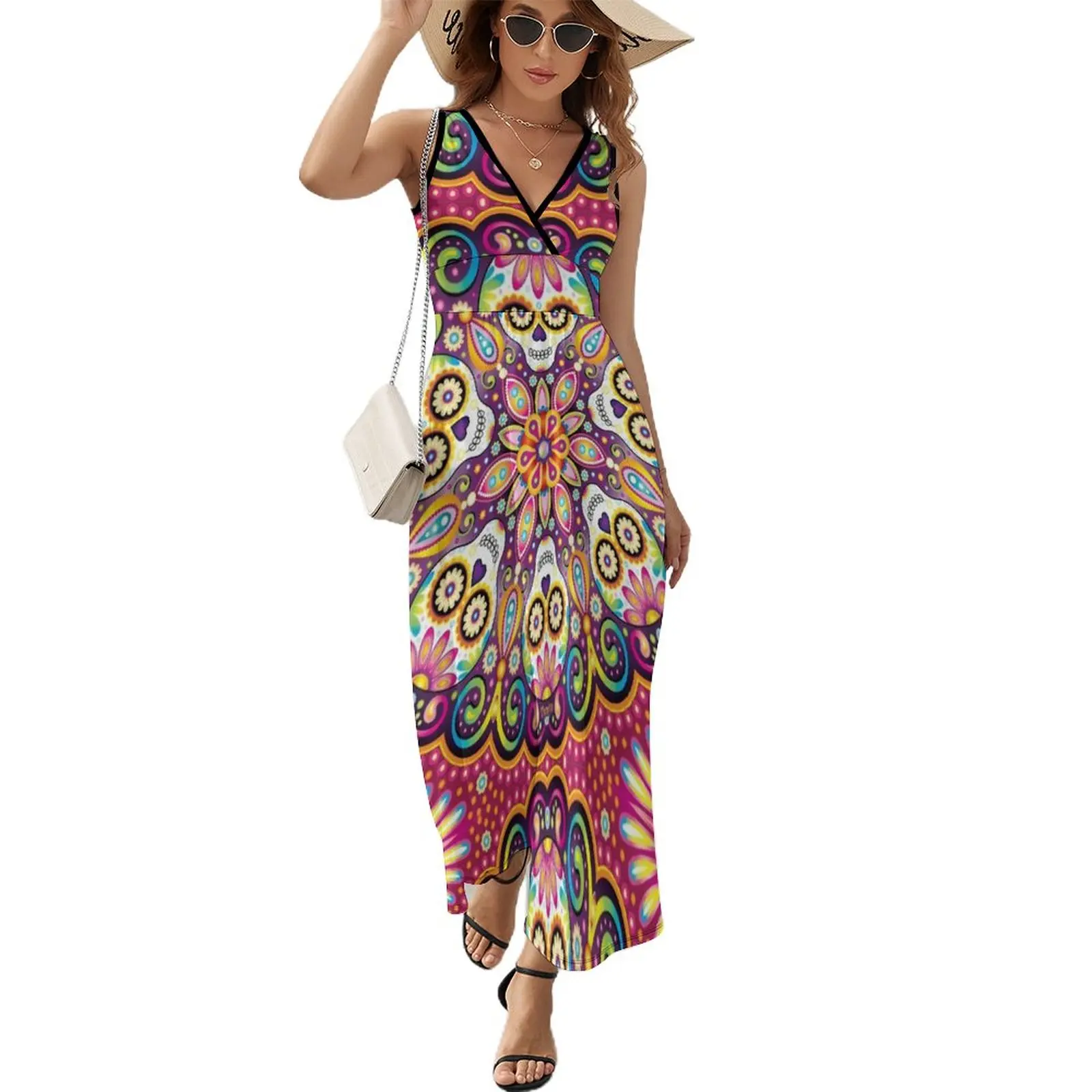 Sugar Skull Mandala - Day of the Dead Mandala Art by Thaneeya McArdle Sleeveless Dress long dress women summer