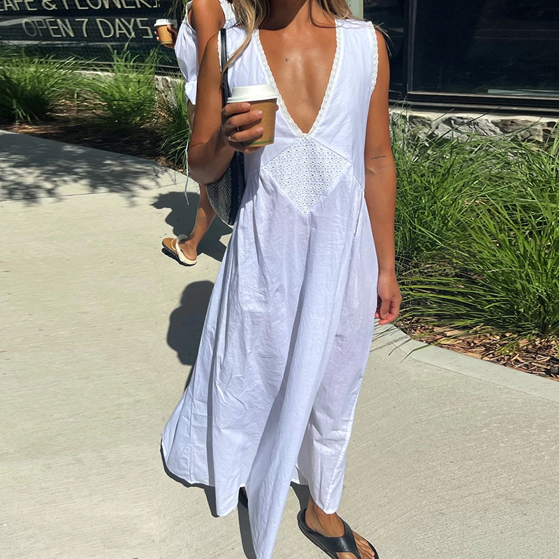 y2k beach dress Women Lace V Neck Maxi Boho Flowy Long Dress Summer Loose Sundress Vintage Aesthetic Going Out A Line Dresses Men's Dress Shoes - Pink Lover Dress Size:5-6y neckline Flowy full