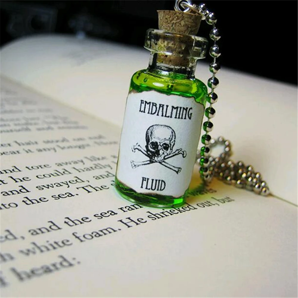 Embalming Fluid Glass Bottle Necklace Charm Cork Pendant Vial Halloween Vintage Medical Poison