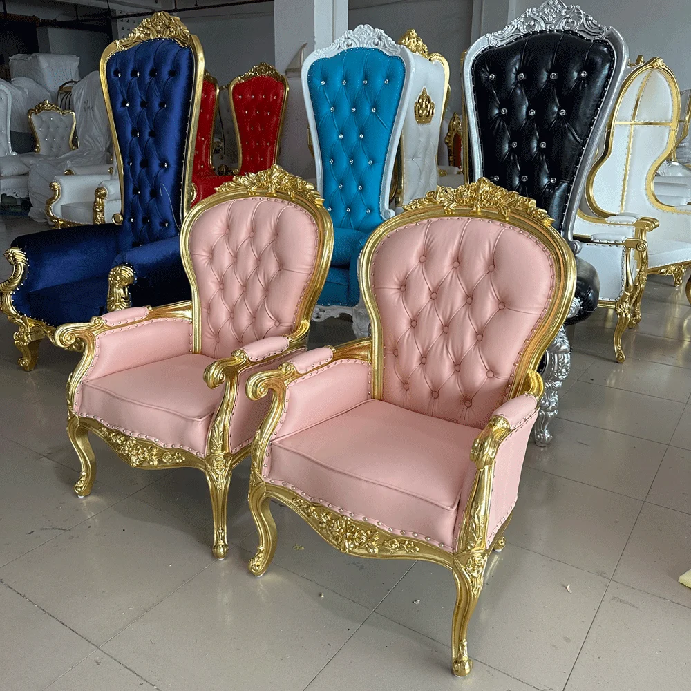 

Wedding Royal Decor Wooden Gold Frame pink Leather king Throne Chair for Bride Groom