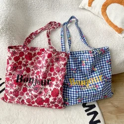 Youda New Cotton Fabric Shoulder Bag for Women Fashion Letter Plaid Pattern Handbag Large Casual Capacity Shopper Tote Bags