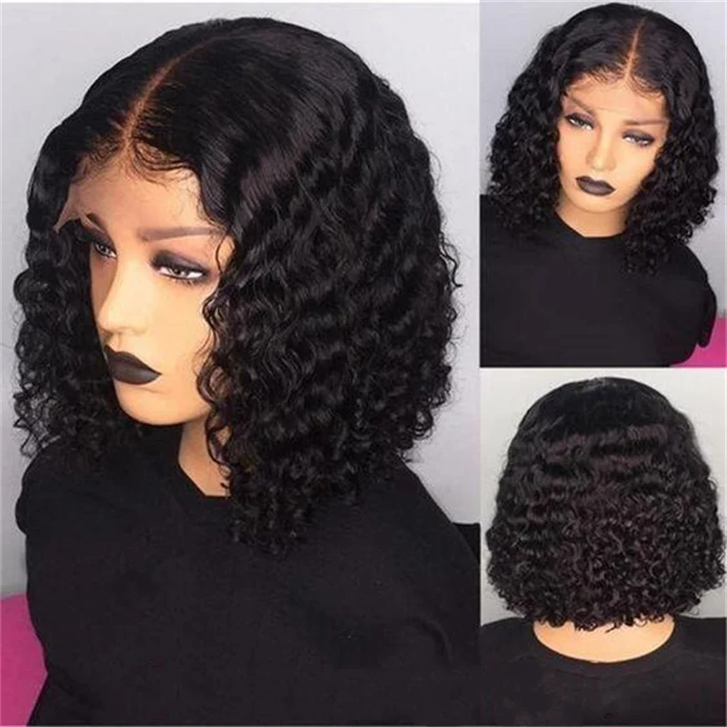 

Soft Short Bob 16lnch Natural Black Kinky Curly 180 Density Wig Glueless Lace Front Wig For Women BabyHair Preplucked Daily