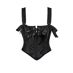 Women's Corset Top With Straps Vintage Gothic Floral Jacquard Overbust Bustier Plus Size Female Lace-up Corselet Black