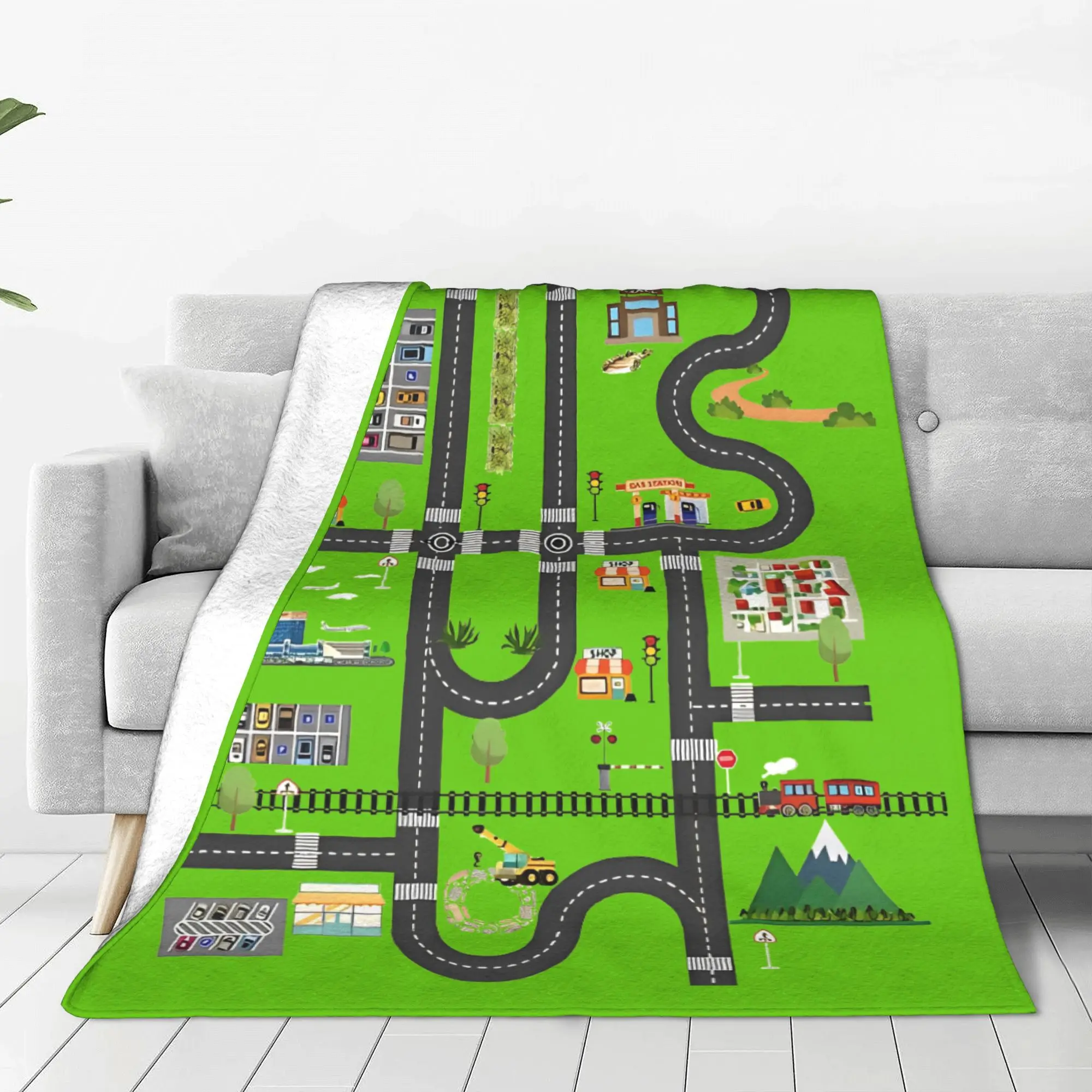 Play Cars Mat Road Car Race Track  Blankets  Flannel Vintage Soft Throw Blankets for Bedding Lounge Textile Decor