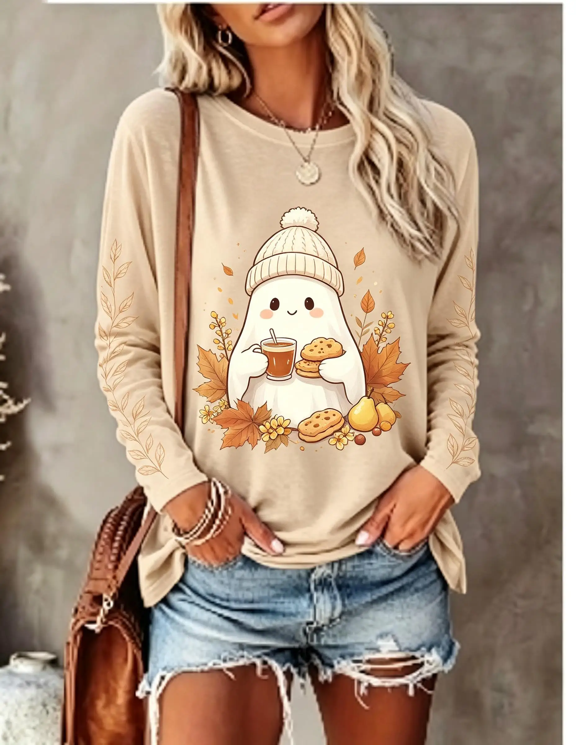 Women's Long Sleeve T-shirt Cute Christmas Ghost Gingerbread Man Coffee Print Crew Neck Casual Top view 5