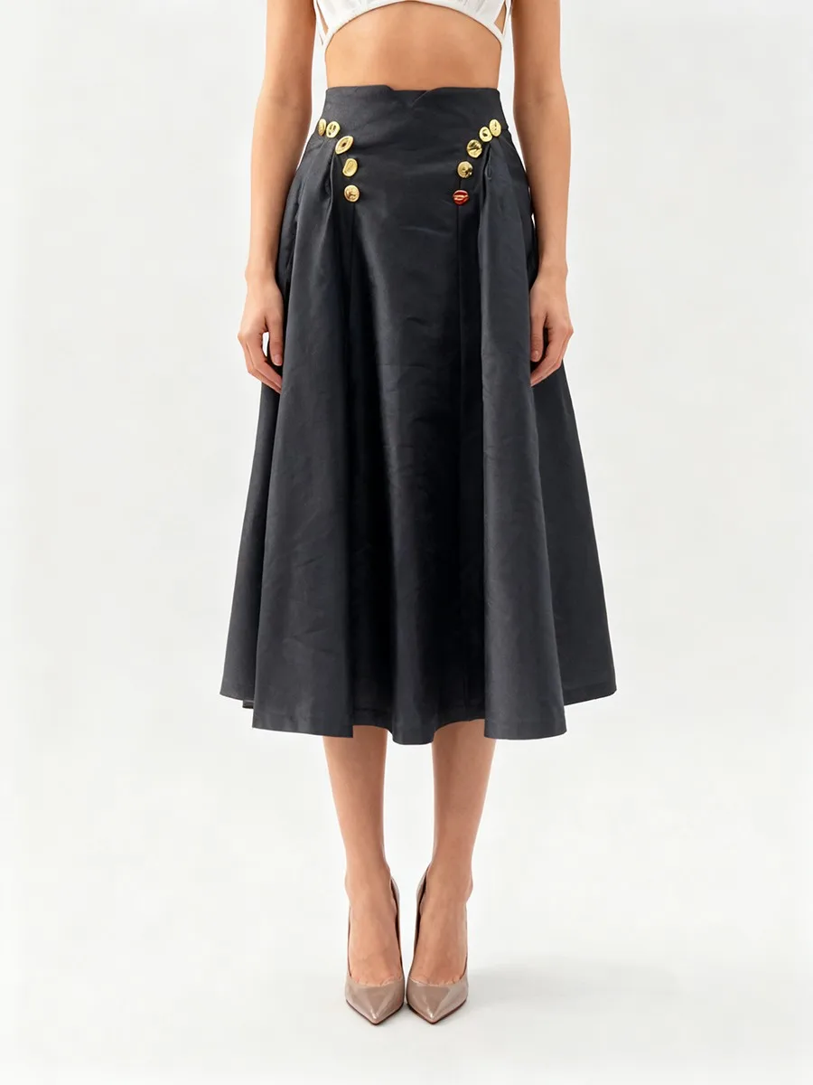 TWOTWINSTYLE Solid Spliced Metal Buttons Temperament Skirts for Women High Waist Patchwork Shirring Fashion Skirt Female Clothes