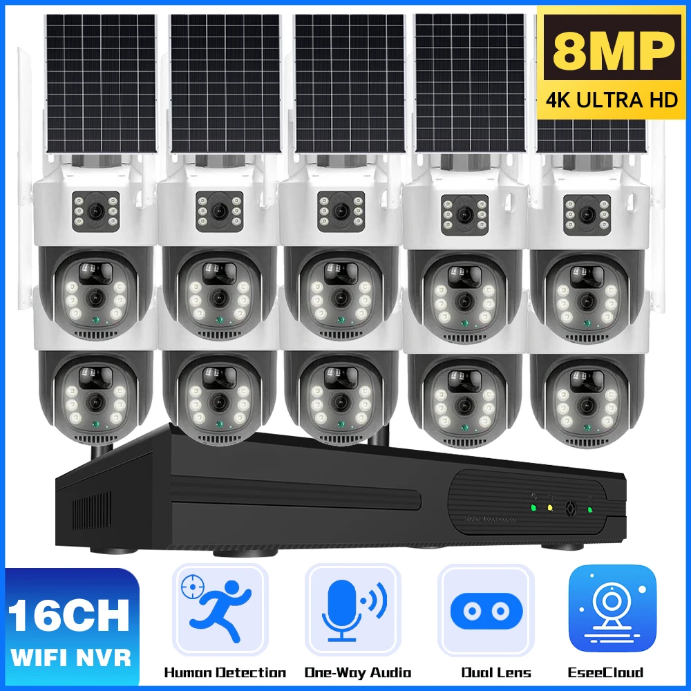 

8MP Dual Lens CameraCCTV Security 16CH Wireless NVR System Outdoor Solar Battery Powered PTZ Video Surveillance Protection Kit