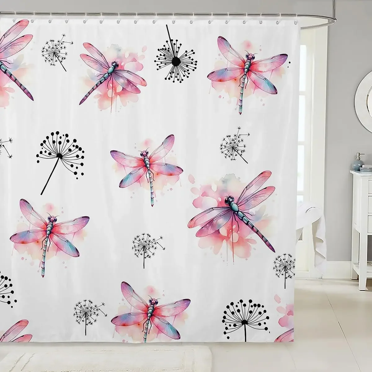 Dragonfly Summer Shower Curtain Butterfly Flower Lotus Dandelion Floral Nature Bathroom Decor Polyester Bath Curtain with Hook