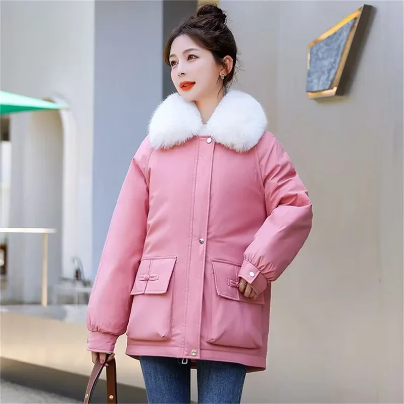 2024年冬新作 ポップポップ ウォームコート 新綿コート ショート丈 大きめ プラッシュ 厚手 ファーカラー フード付き コットンコート パーカー レディース ピンク
