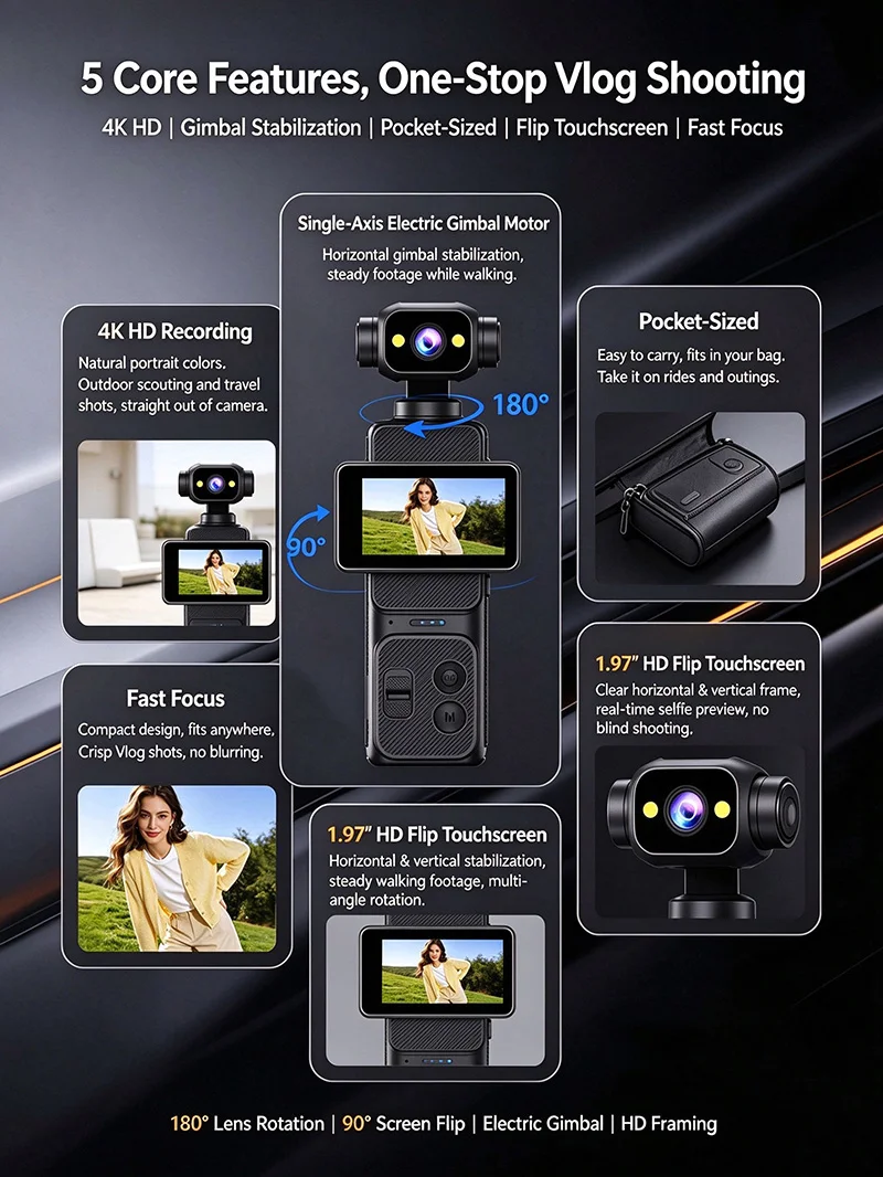 New Pocket Handheld Gimbal Action Camera With Screen Rotatable Wide Angle Lens Anti Shake WiFi Transfer Outdoor Video Recorder