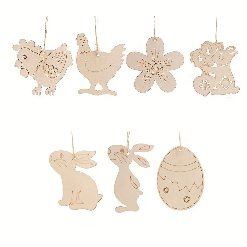 10pcs 80mm DIY Easter Wooden Slices Cutout Tags Chicken Egg Bunny Shaped Hanging Ornaments Crafts For Party Decorations