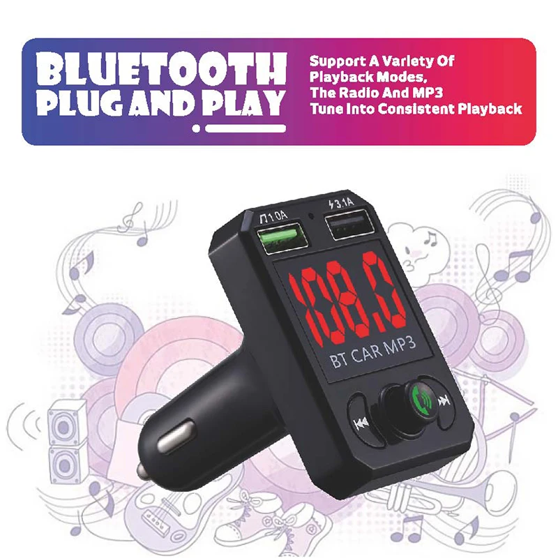 Car Handsfree Audio Call MP3 Player Bluetooth Radio Modulator Music Receiver Dual USB Interface Quick Charging for 24V Vehicle