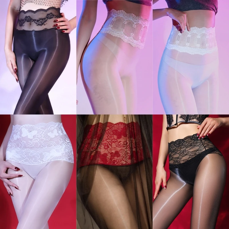 

17 Styles Oil Shiny Slim Leg Party Stockings Women Sexy Lace Waist Patchwork Pantyhose 360 Semaless Close / Open Crotch Tights