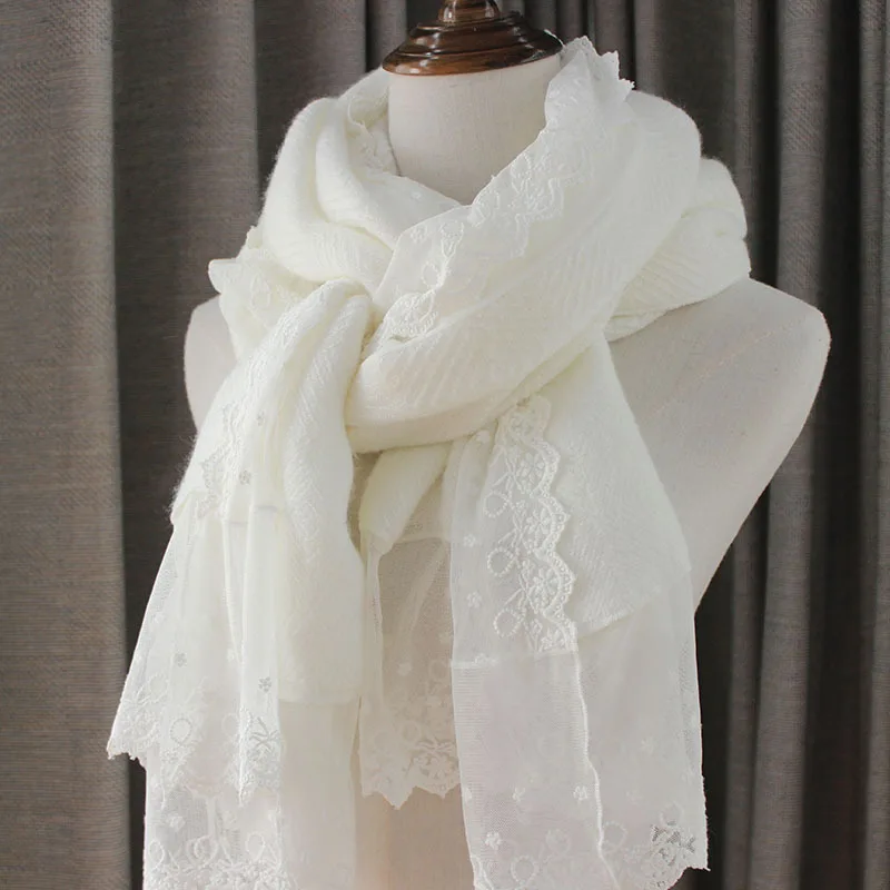 New Cashmere Scarf Lace Sweet Japanese Loli Princess Pink Pure White Lady Scarf Extended Shawl Dual-purpose