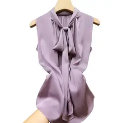 Fashion ice Silk Top Pink Acetate satin shirts blusas mujer de verano lace up bow tie Sexy elegant chiffon blouse рубашка винтаж