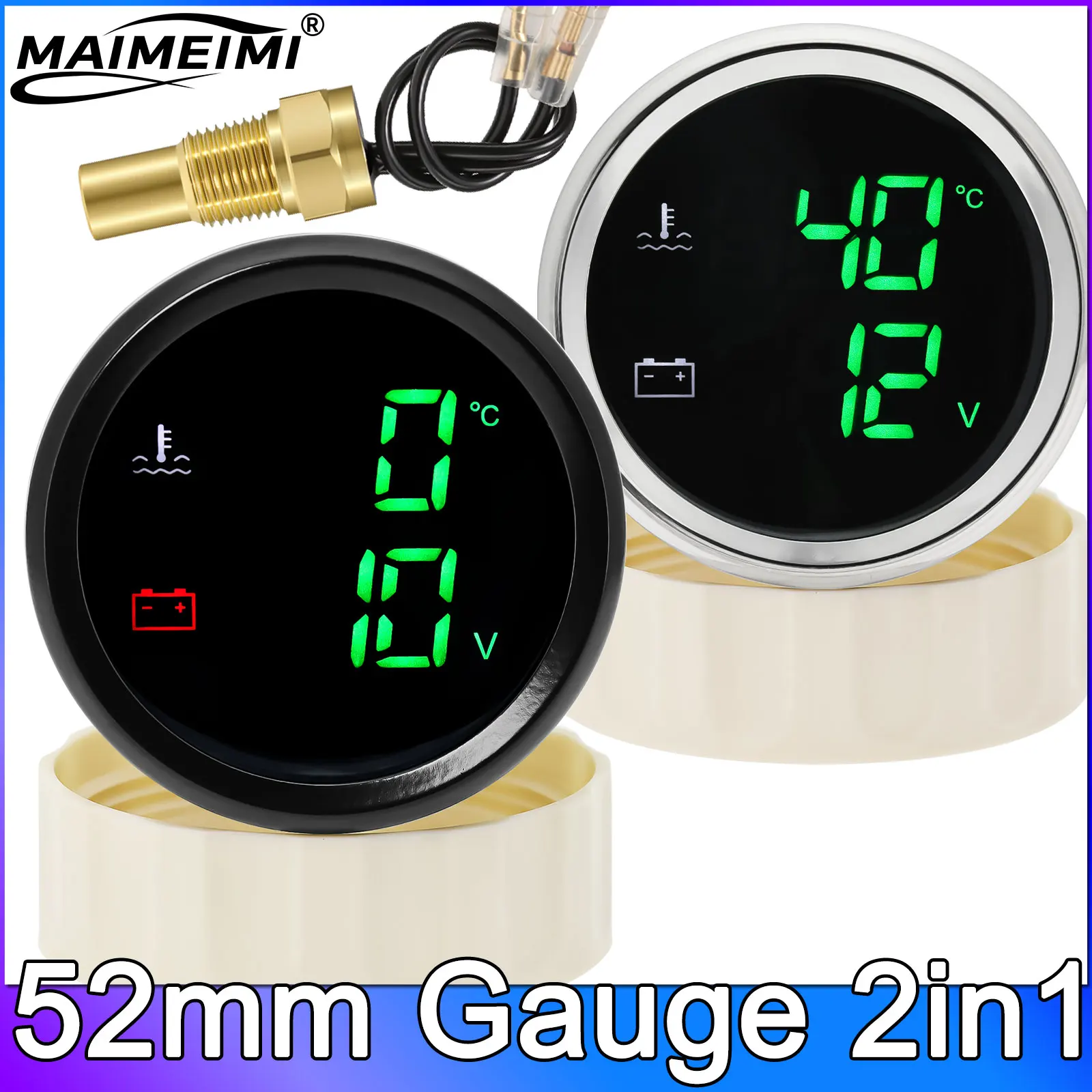 2in1 52MM Water Temp Gauge with Warning Digital Dual Gauge Voltage for Marine Boat Car Truck RV Yacht Water Temperature Meter