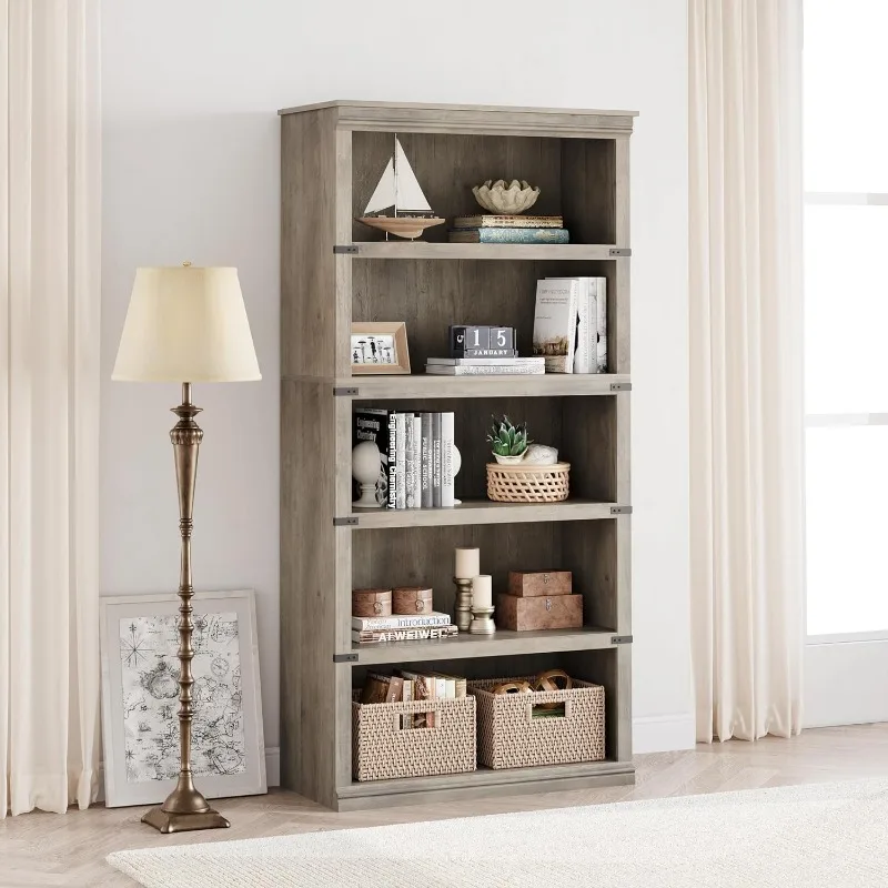 5-story bookshelf, Farmhouse bookshelf, 71 "high Bookshelf Wooden 5-story bookshelf (gray, 67.4" high x 31.5 "wide x 12.8" deep)