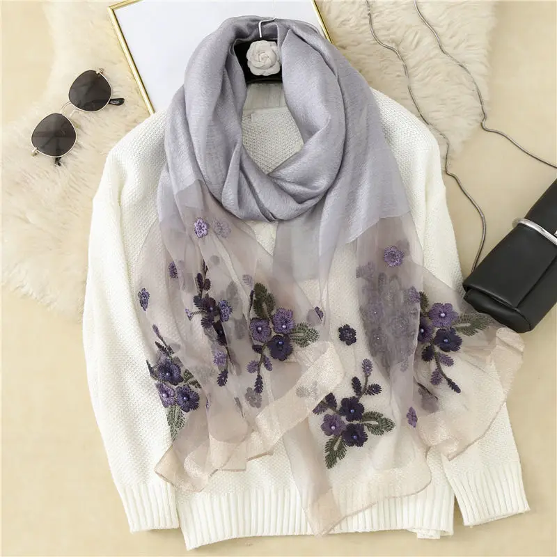 Fashion Organza Silk Scarf With Embroidered Shawl Women Pearl Hijab Elegant Long Scarves Summer Solid Color Headscarf 180*70cm