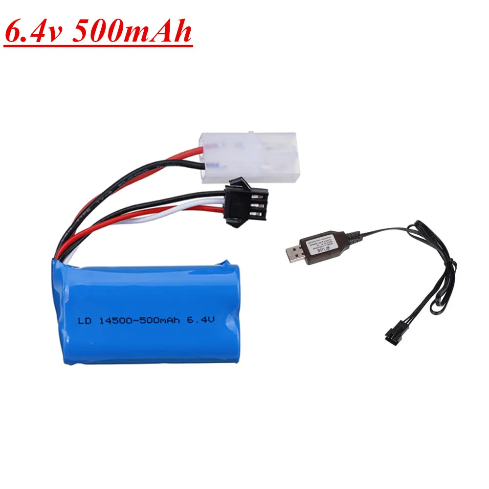 Akumulator litowo-jonowy 6,4 V 500 mAh z ładowarką USB do zabawek RC Wltoys 18401 18402 Samochody Łodzie Części zamienne Akumulator 6,4 V 14500 1