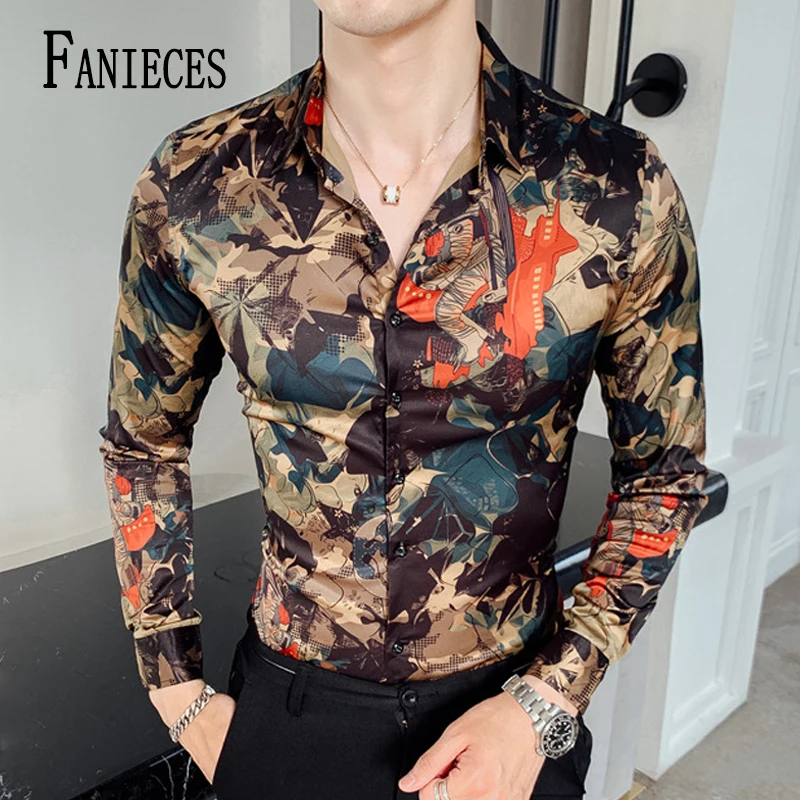 

M-4XL Men's Slim Fit Shirt Spring Fall Long Sleeved Shirt Tops Digital Print Men Nightclub Social Party Shirt camisas de hombre