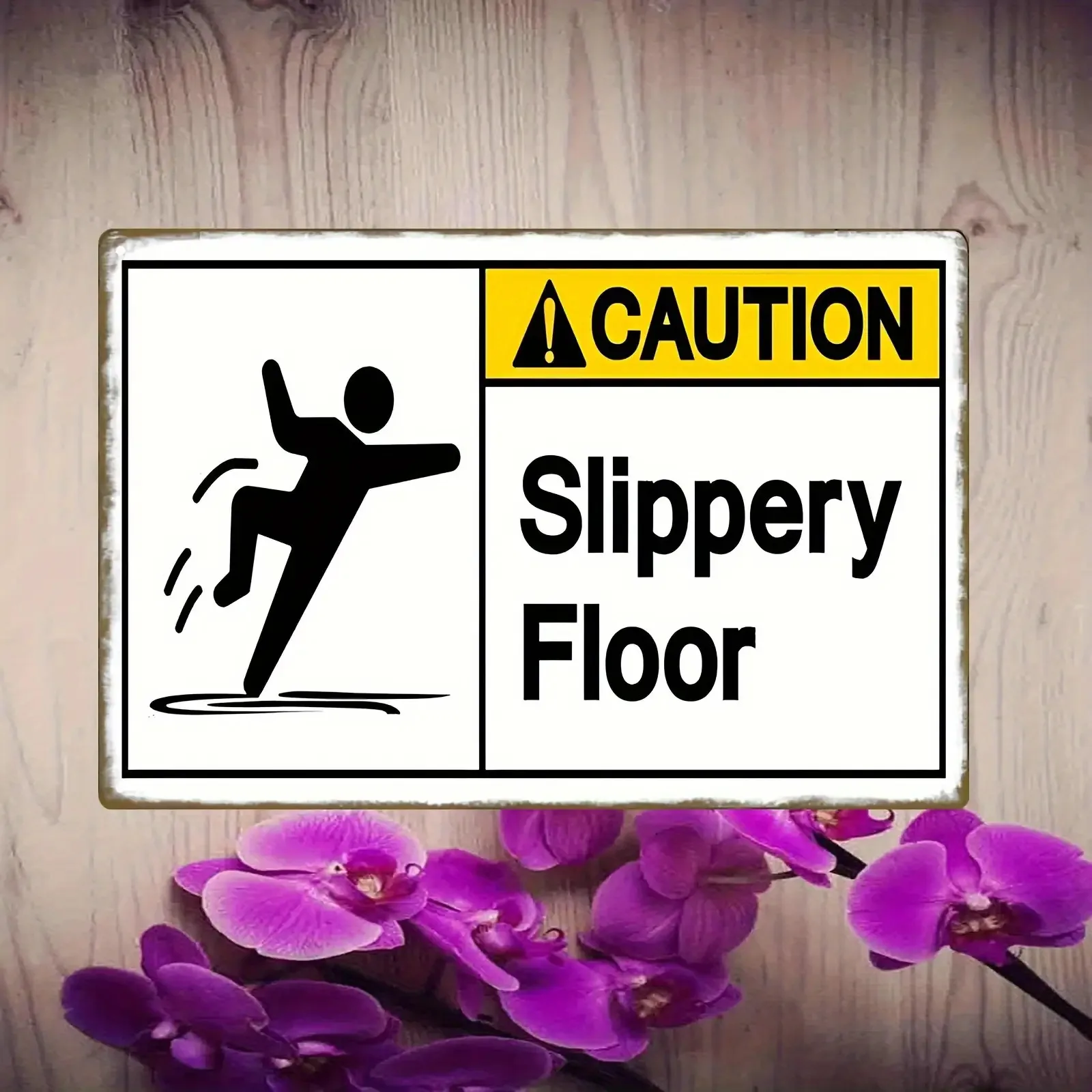 2D Metal Sign, Slippery Floor Warning Vintage Metal Sign,  Orange Yellow for Kitchen Bathroom Hallway Garage Indoor Outdoor