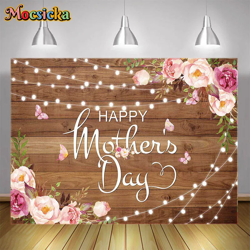 

Happy Mother's Day Photography Background Wooden Board Glow Light Strip Pink Flowers Butterfly Party Decor Banner Mom Photocall