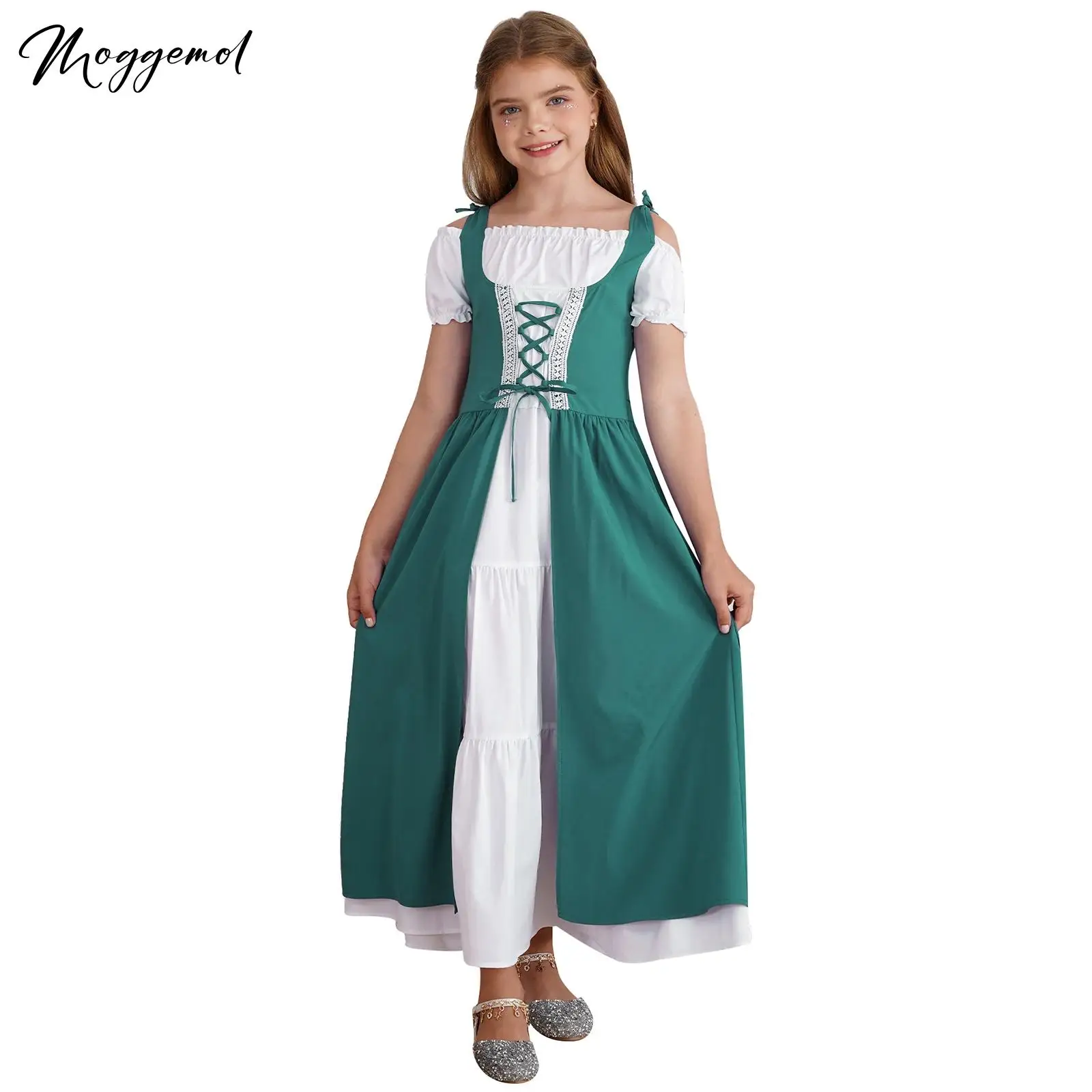 Historical Girls Dress Medieval Renaissance Gown Costumes Short Sleeve Robe Victorian Maxi Dress Halloween Cosplay Performance