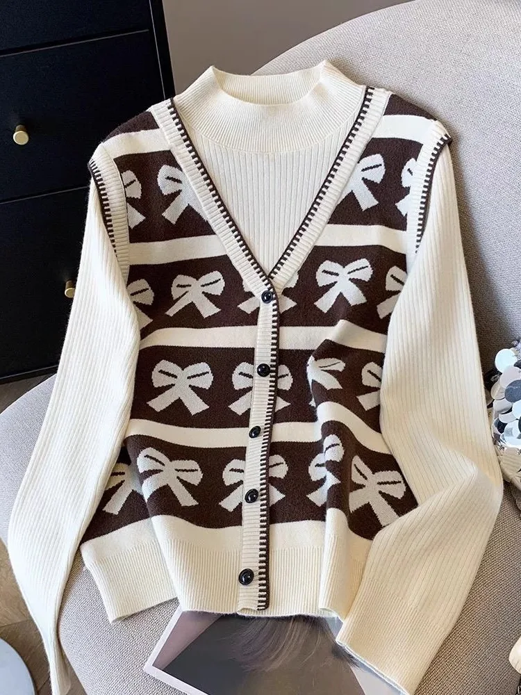 Pull surdimensionné à col montant ajusté, haut en tricot 2 en 1 en peluche pour femme pour l'hiver