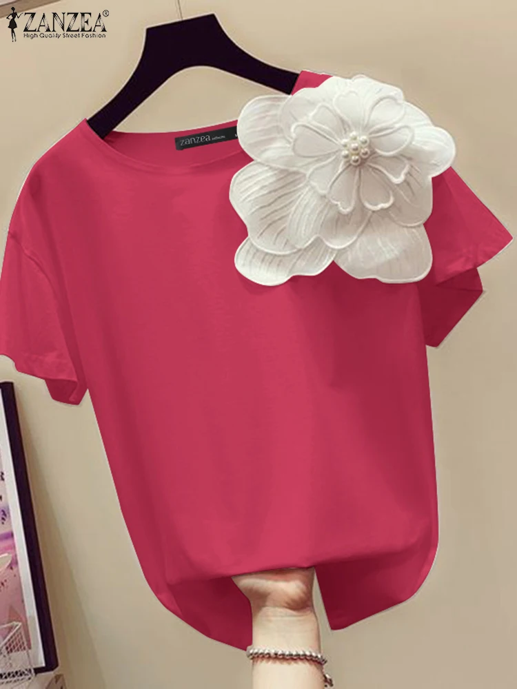 ZANZEA Elegant Women Decorative Flower Blouses 2024 Summer Short Sleeve O Neck Solid Color T-shirts Casual Loose Tops Femininas