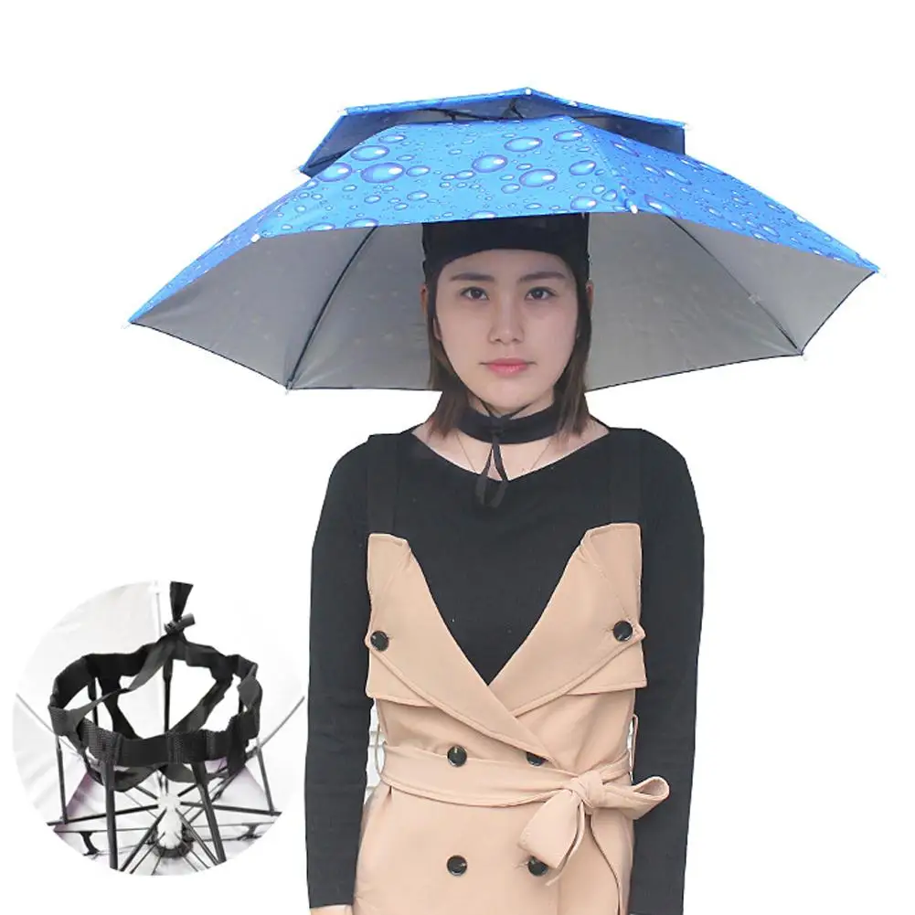 Two-layer Portable Rain Umbrella Hat Outdoor Fishing Hats Headwear Beach Head Sun Sunshade Cap Waterproof Camping M8G9