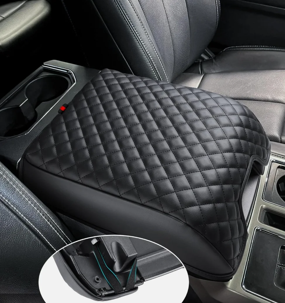 Mittelkonsolen-Armlehnenabdeckung für Ford F150 2015-2020, F250 F350 F450, PU-Leder Armlehnenbox-Deckelschutzpolster, LKW-Innenausstattung – Detail 1