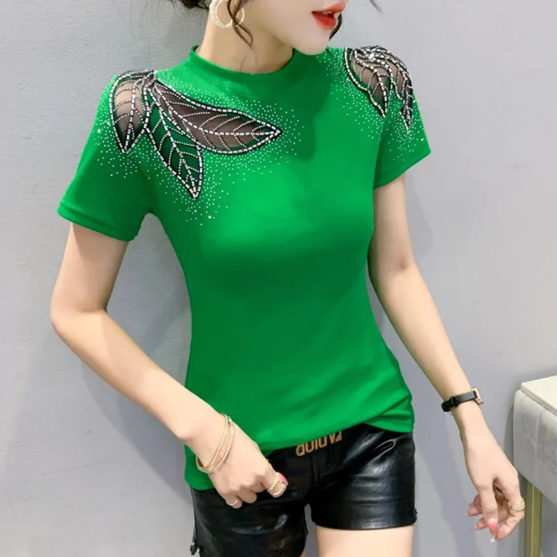 #5315 Black White Green Red Short Sleeve T Shirt Women Spliced Mesh Diamonds Sexy Hollow Out Skinny T-shirt Femme O-neck Summer