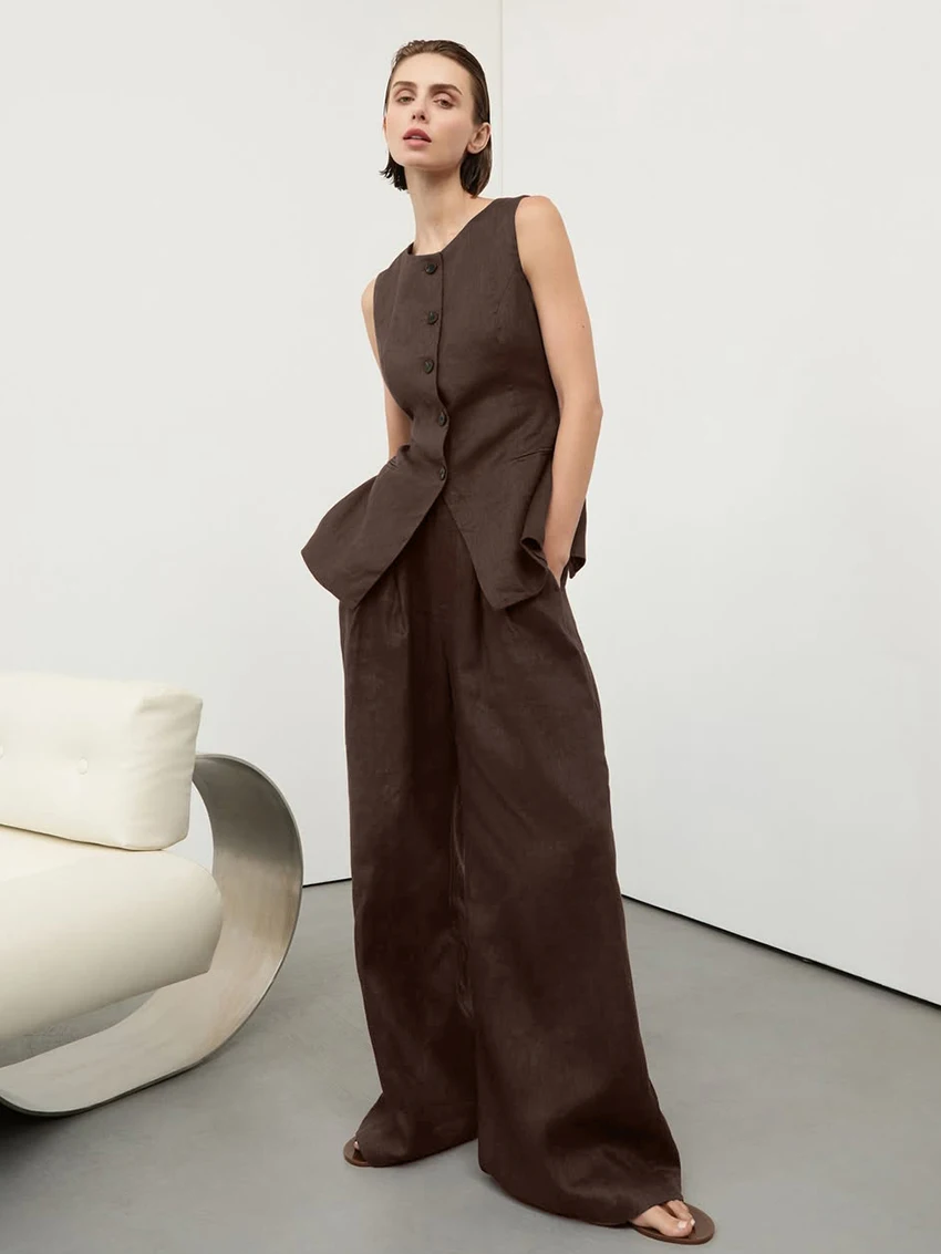 Marthaqiqi Brown Female Nightgowns Suit O-Neck Sleepwear Tank Tops Pajamas Sleeveless Nightwear Pants Casual Women Nightie Sets