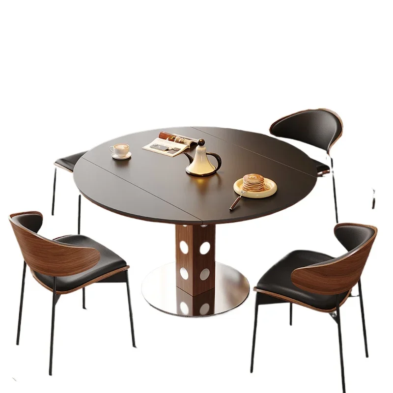 Mesa de comedor de losa de roca negra, mesa redonda retráctil, mesa para comer para uso doméstico, mesa de comedor retro para apartamento pequeño