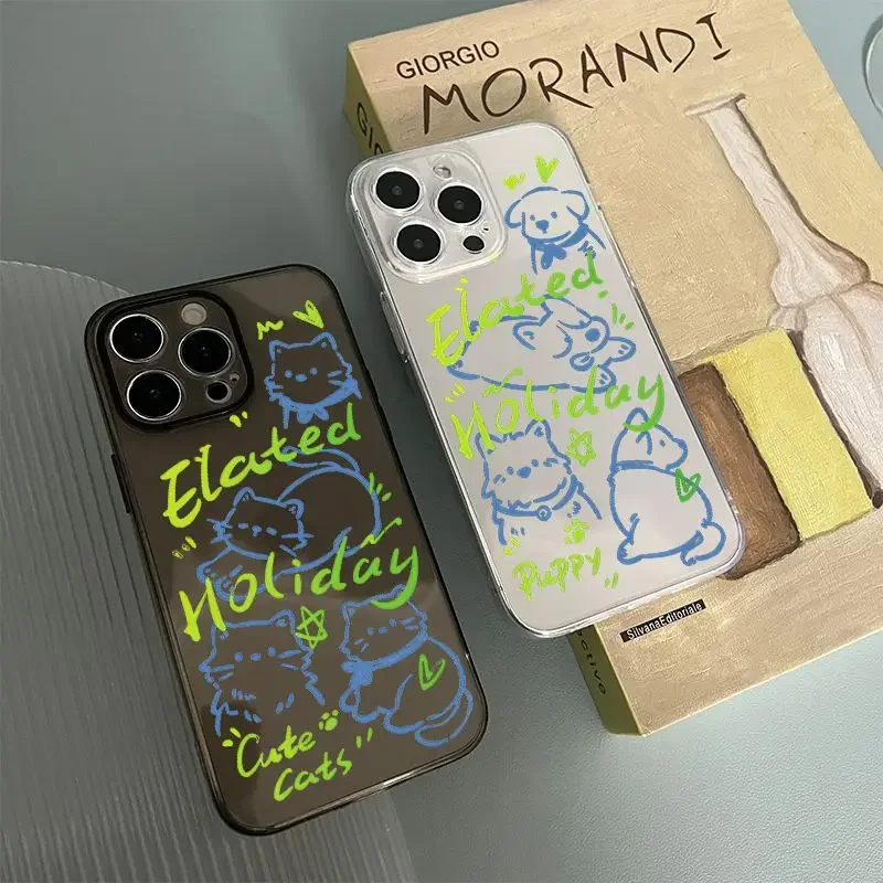 Casing ponsel pasangan kucing anjing, untuk Iphone 15 14 13 12 11 Pro Max Mini X XR 7 8 SE Plus SE sampul anak anjing hewan karton lucu lucu