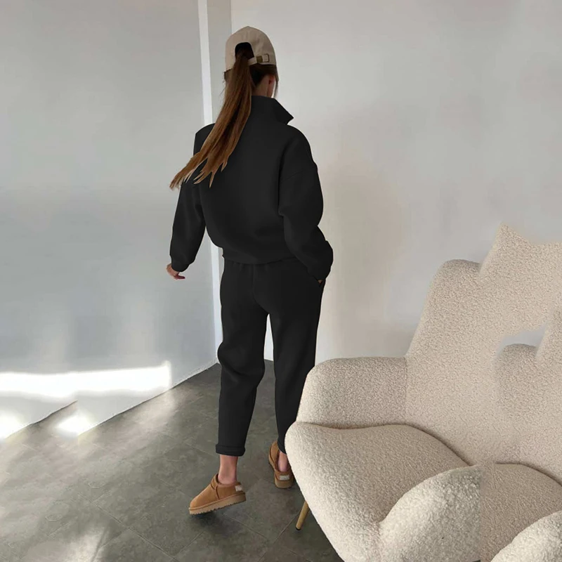 Conjunto de pantalones sólidos para mujer, chándal informal de manga larga, holgado, con cuello levantado y cierre a presión, 2 piezas, Otoño e Invierno