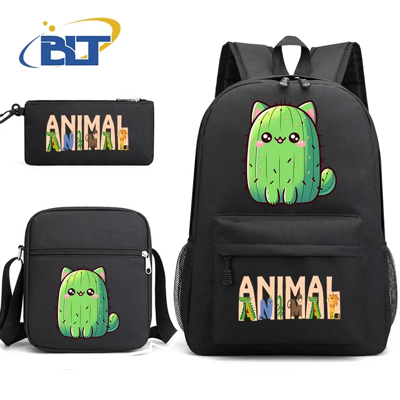 Cute Animal Print Student Schoolbag Youth Backpack Shoulder Bag Pencil Bag 3-piece Set Kids Gift