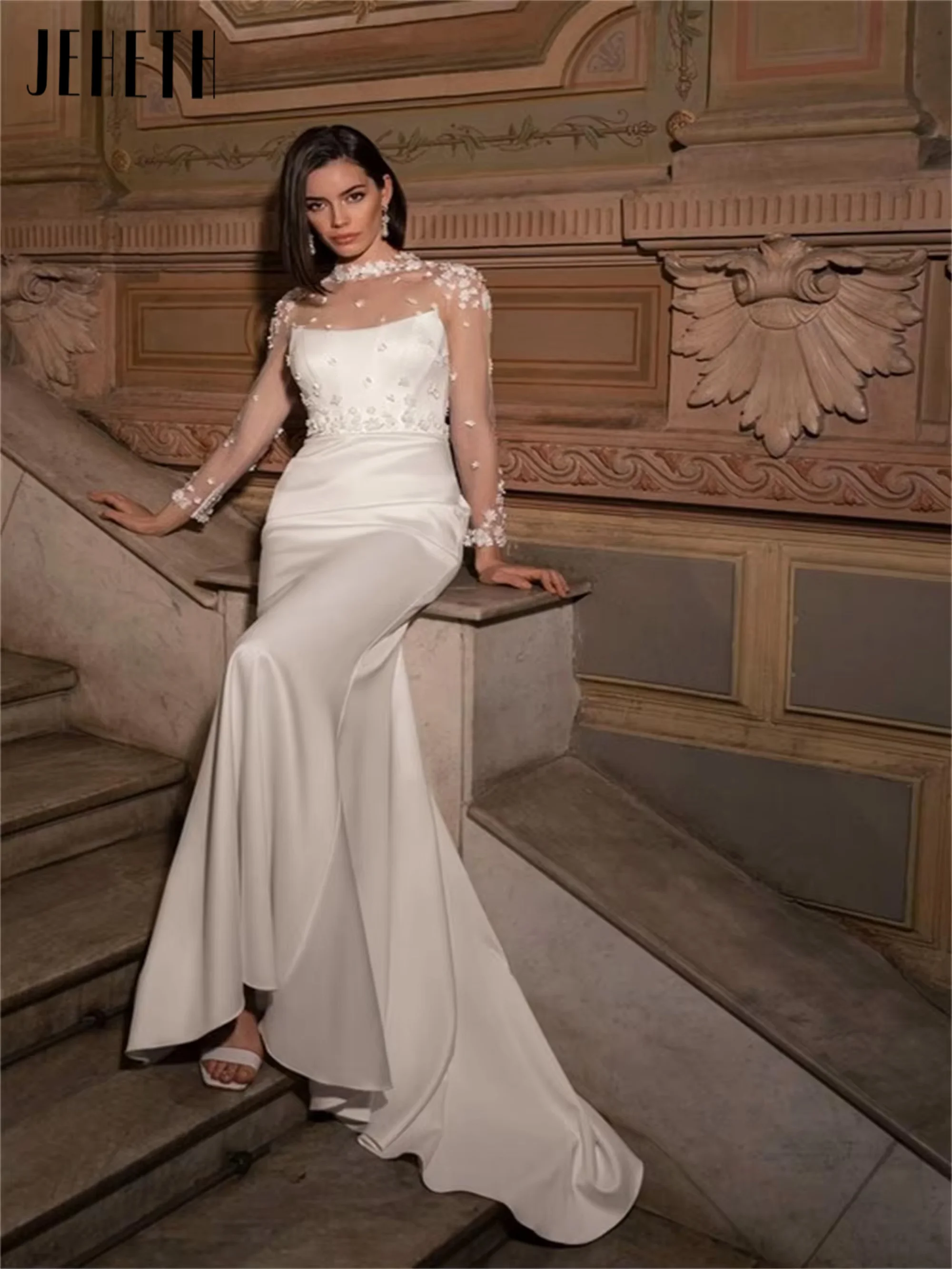 فساتين زفاف JEHETH ساحرة برقبة عالية وأكمام طويلة من الساتان Shath سويب تراين مصنوعة حسب الطلب 2025 Vestido De Noival مخصصة JEHETH ساحرة عالية الرقبة الأكمام الكاملة الساتين ظل فساتين الزفاف مسح القطار مصنوع حسب الطلب