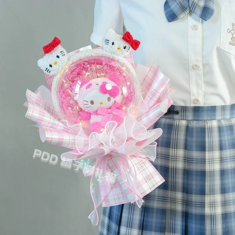 ไฟ Led การ์ตูน Sanrio Cinnamoroll HelloKitty Plush Bouquet Kuromi ตุ๊กตาตุ๊กตาช่อดอกไม้วันวาเลนไทน์ Kado Wisuda