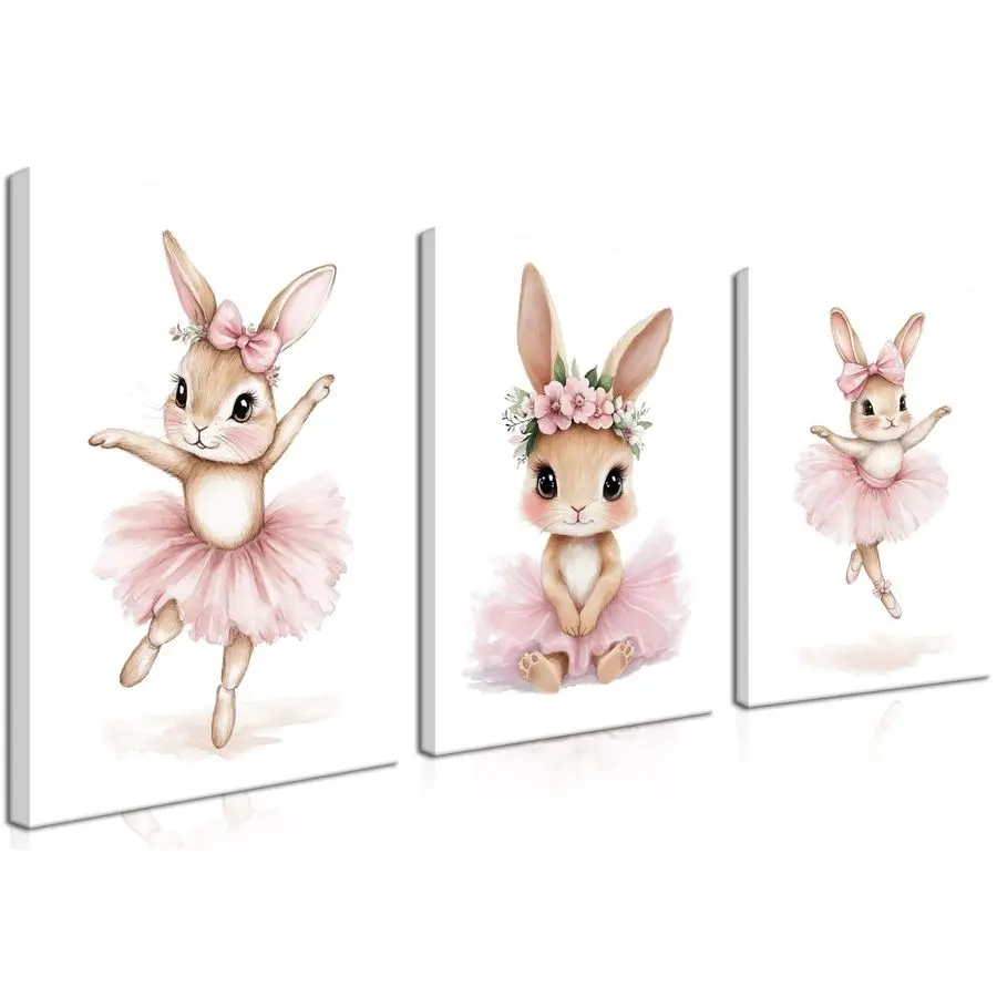 

Декор для детской комнаты девочки, набор из 3 картин на холсте для детской комнаты на тему Пасхи, милые постеры с розовыми кроликами, принты и изображения для детской комнаты
