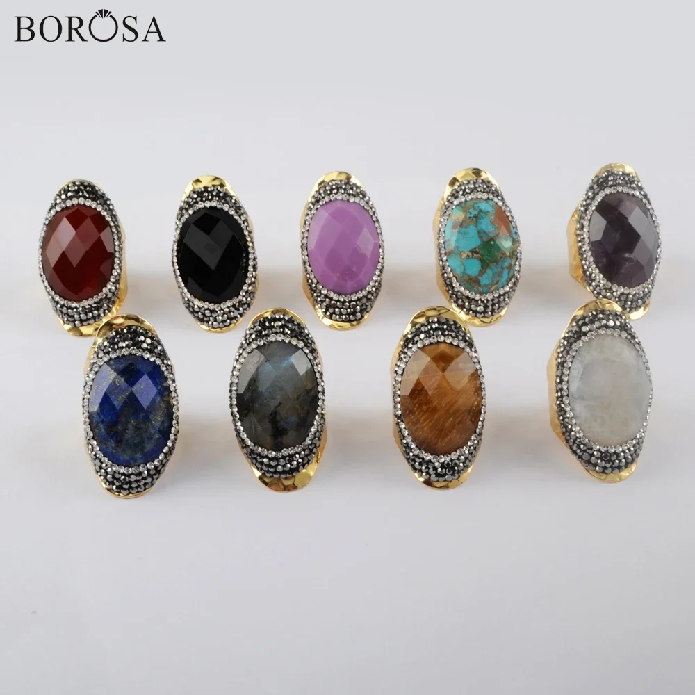 BOROSA Vintage Golden Plated Open Rings Natural Multi-Kind Stone Adjustable Rhinestone Ring For Women Wedding Party Jewelry Gift