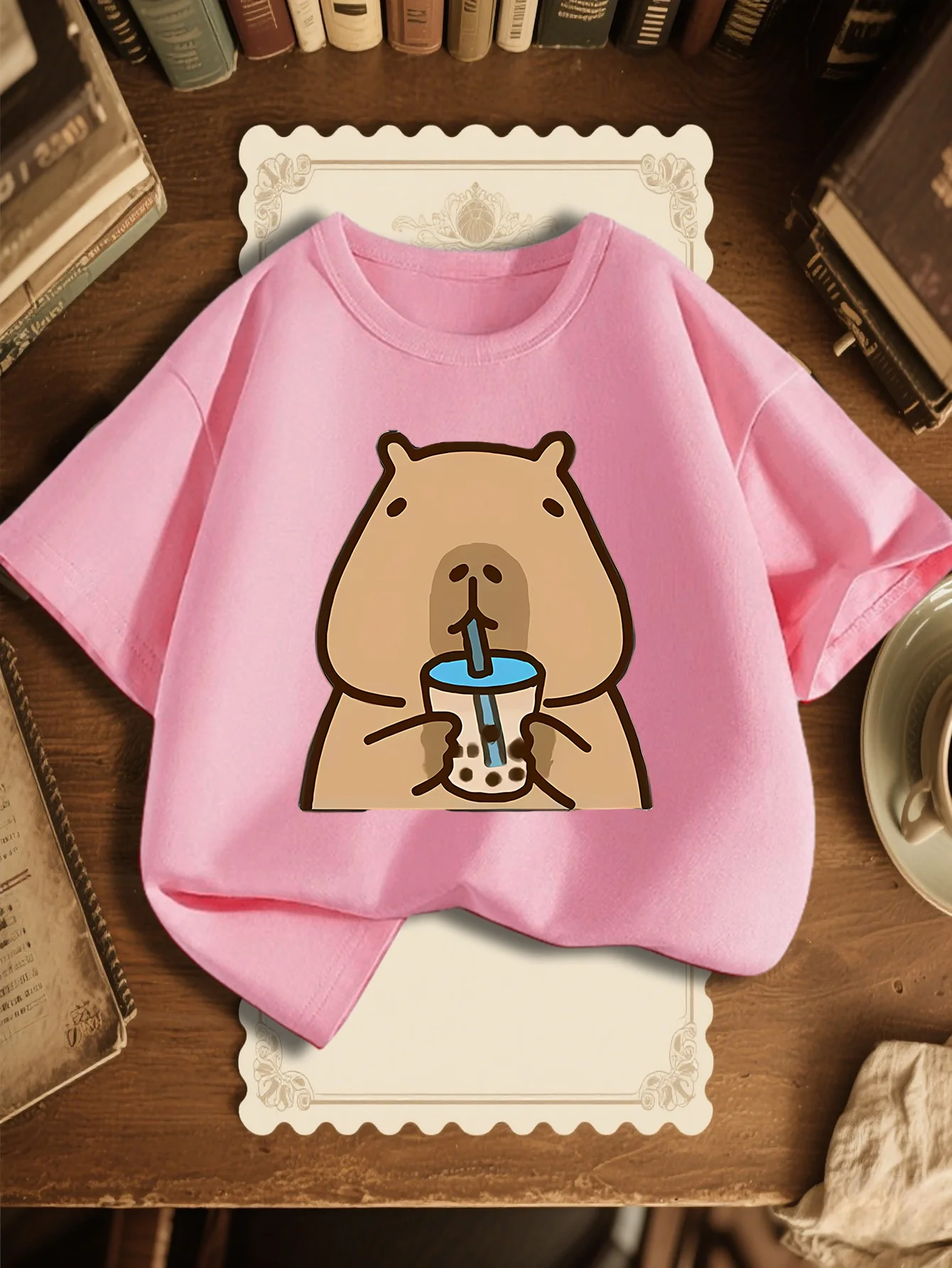 Lovely Capybara Milk Tea Print Kids Cotton T Shirt Short Sleeve Boys Girls Family Matching Parent Child Casual Loose Comfort Top