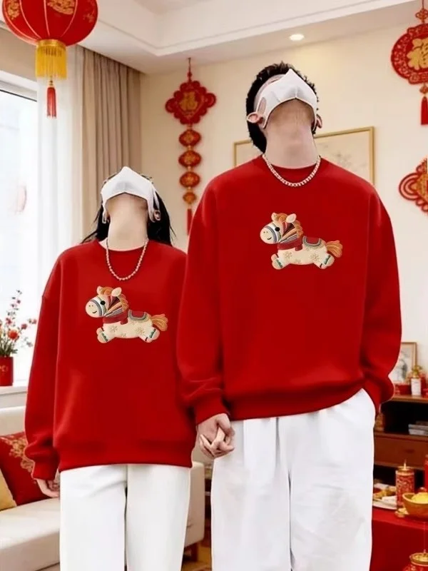

Large Size 300 Pou Red Cotton Sweatirt Couple Matching Winter Warm Casual round Ne Print No Iron Treaent Street Sle