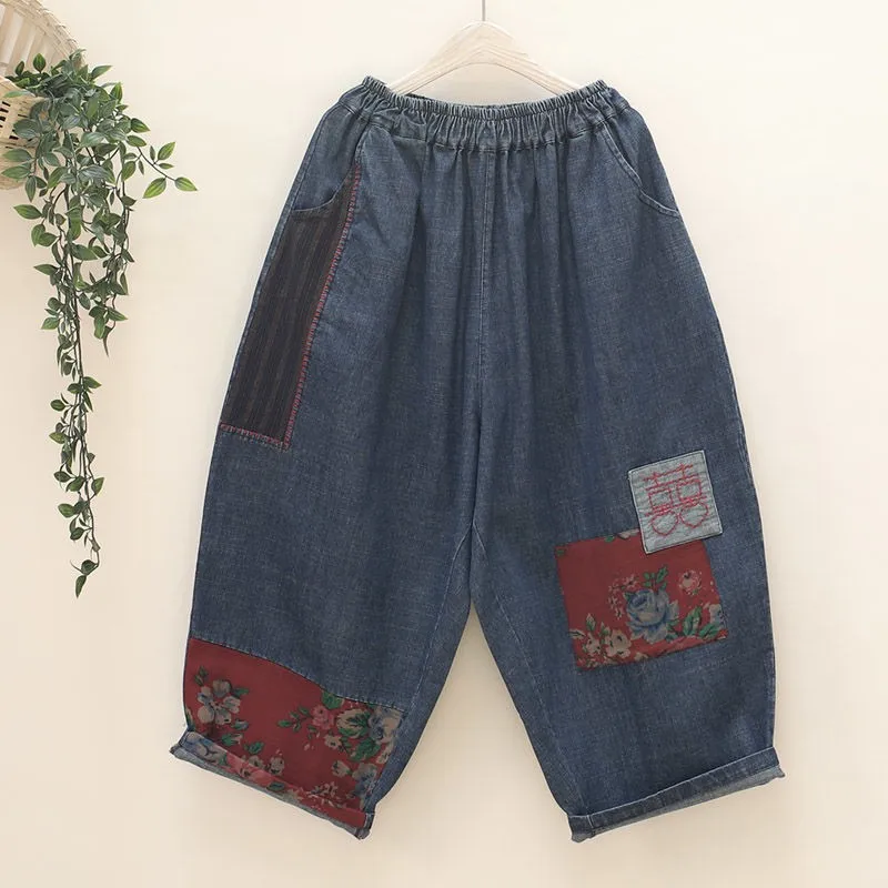 New Arts Style Spring Autumn Women Elastic Waist Cotton Denim Wide Leg Pants Vintage Patch Designs Ankle-length Loose Jeans C719