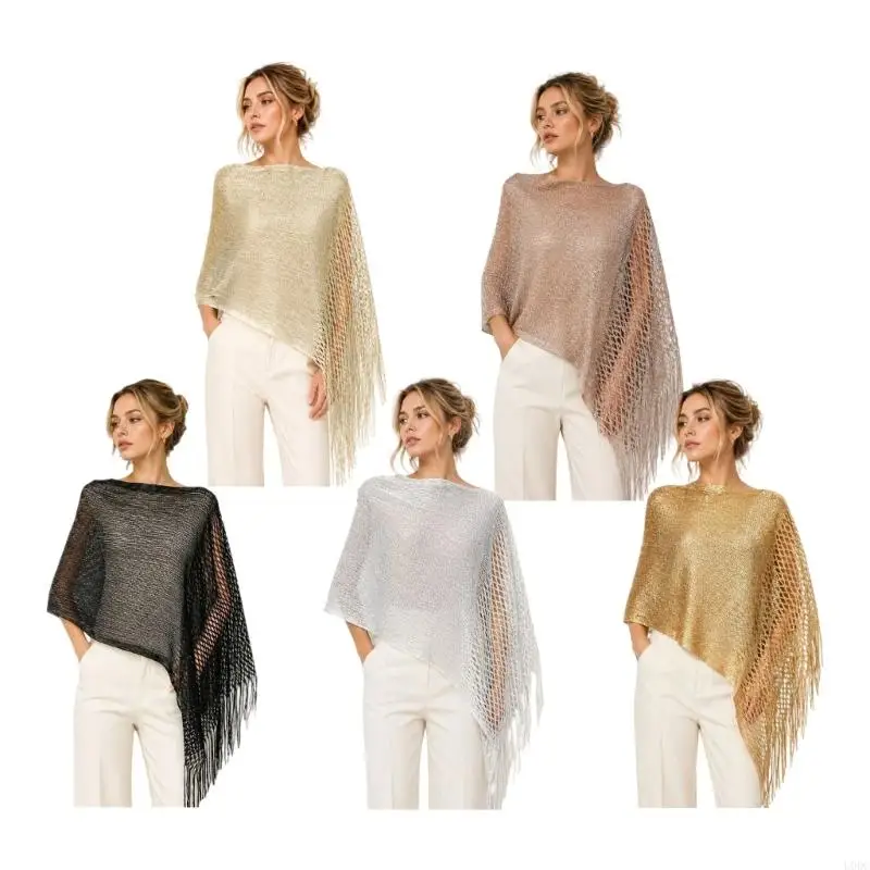 Lightweight Mesh Shawl Wrap with Metallic Texture and Long Tassels for Travel Styling and Quick Outfit Changes Daily Y166