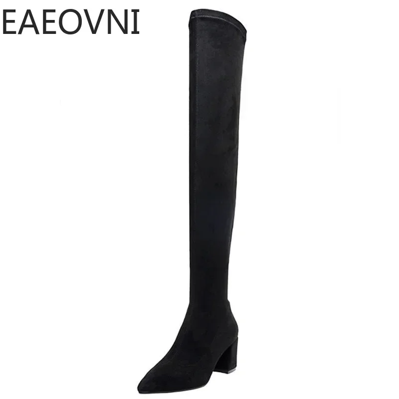 Winter Woman Over the Knee High Boots Fashion Slip On Sock Long Boots Shoes Ladies Elegant Square Heel Women\'s Footwear